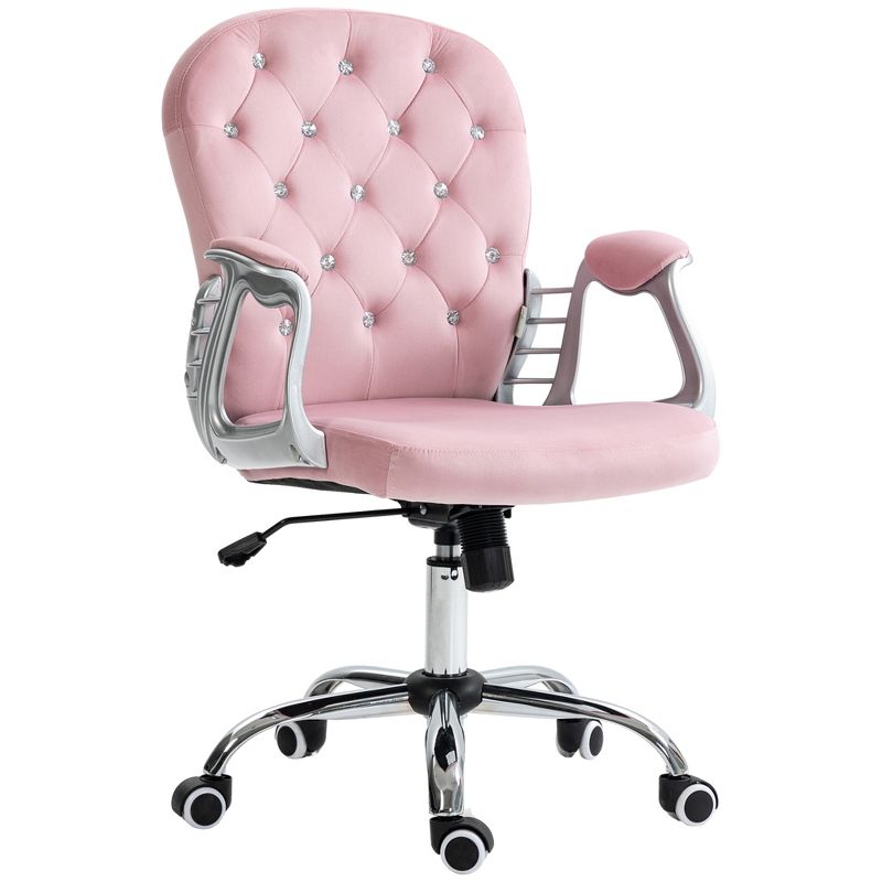 Vinsetto Vanity Velvet Mid Back Office Chair Swivel Tufted Backrest Task Chair with Padded Armrests, Adjustable Height, Rolling Wheels, Pink, 4 of 7