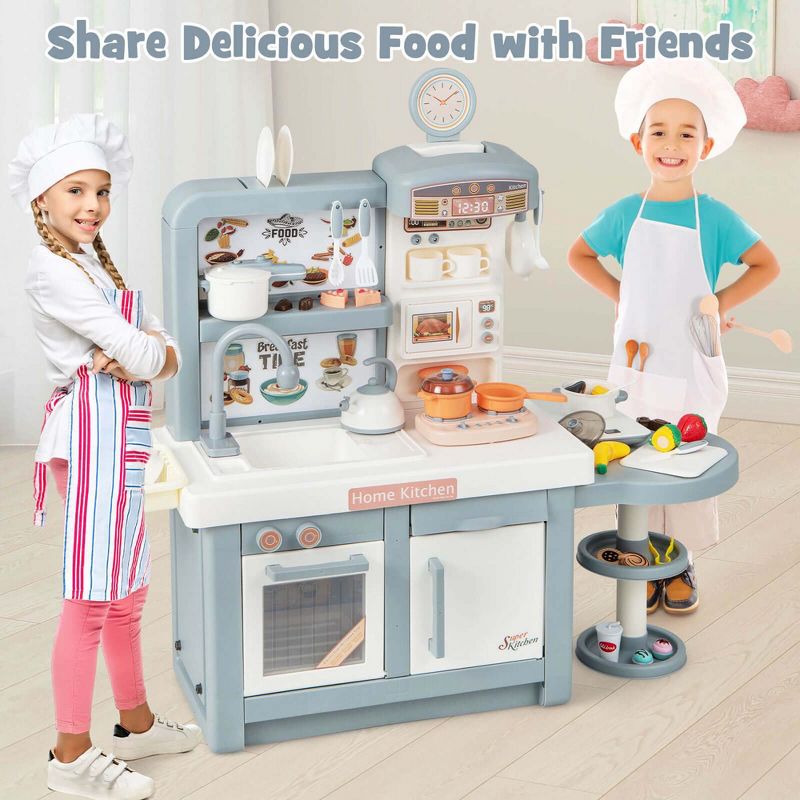 Costway Kids Pretend Kitchen Playset Role Play Kitchen Play Toy with Sink Oven Microwave Pink/Grey, 2 of 11