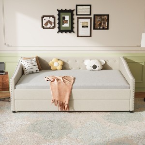 Kumasinova Twin/Full Size Daybed with Trundle,Fabric Upholstered Sofa Bed with Button Tufted Back & Piped Arms for Living Room,Bedroom - 1 of 4