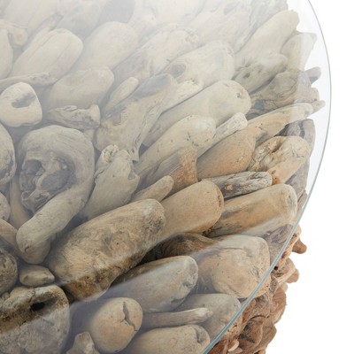 Handcrafted Driftwood Round Coffee Table with Glass Top, 48" Brown