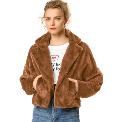 Allegra K Women s Cropped Notch Lapel Open Front Faux Fur Fluffy Coat Caramel Small Target