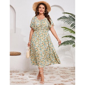 Plus Size Summer Dress for Women V Neck Tie Front Boho Maxi Dress Yellow Floral - 1 of 4