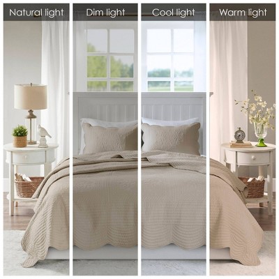 Khaki Full Microfiber Reversible Scalloped Edge Quilt Set