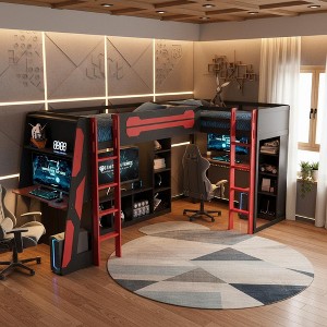 Polibi L‑Shaped Twin Loft Gaming Bed with RGB Lighting, USB Power Hub & Full Storage Workstation Setup - 1 of 4