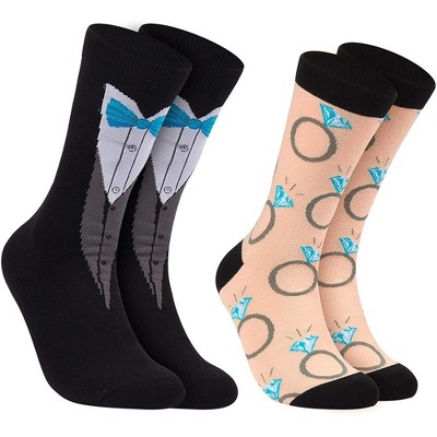 Glamlily 2 Pairs Bride and Groom Wedding Socks - Novelty Tuxedo and Diamond Ring Designs, One Size