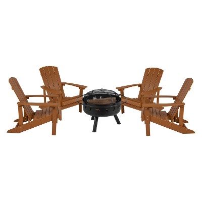 Flash Furniture 5 Piece Charlestown Poly Resin Wood Adirondack Chair Set with Fire Pit - Star and Moon Fire Pit with Mesh Cover