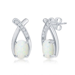Opalata Sterling Silver Oval White Opal with CZ Earrings - White - 1 of 2