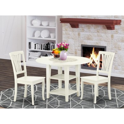 East West Furniture 3 Pc Kitchen Table set - Robust Two 9-Inch Drop Down Leaves Solid Wood Dinette Table & 2 Wooden Seat Dining Chairs,  White