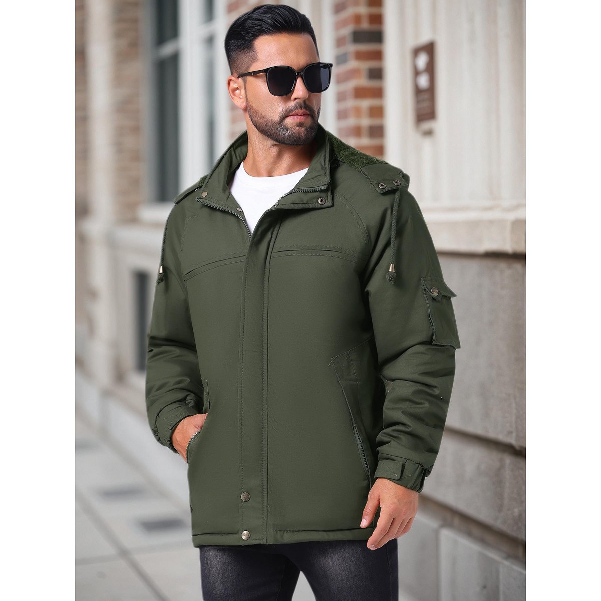 Мужские куртки INSPIRE CHIC Men's Winter Warm Fleece Lined Thicken Hooded Work Parka Jacket Large Dark Green — фото 5