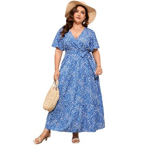 BLUEMING Summer Maxi Dress for Plus Size Women Tie Wasit Surplice Dress Flutter Sleeve A-Line Dress - 1 of 4