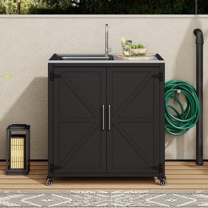 Stainless Steel Kitchen Island Sink Station Patio Movable Storage Cabinet with Single Bowl Sink, Faucet, Lockable Wheels, Matte Black -ModernLuxe - 1 of 4