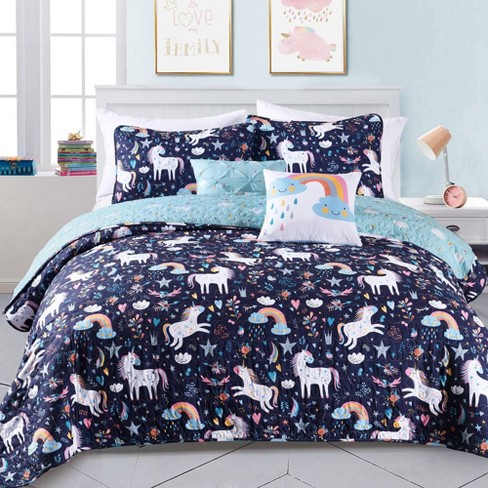 5pc Full queen Reversible Unicorn Heart Bedding Set With Unicorn Kids Throw Pillow Navy Lush Decor Target