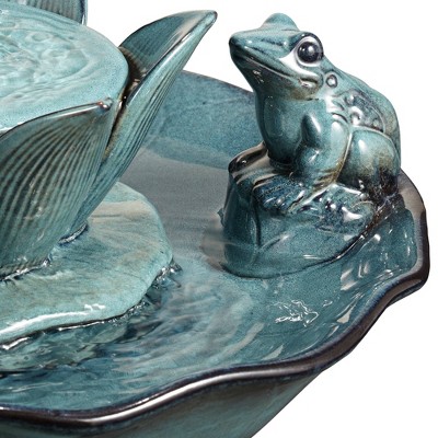Verdigris Green Ceramic Lotus Flower Frog Outdoor Pedestal Fountain