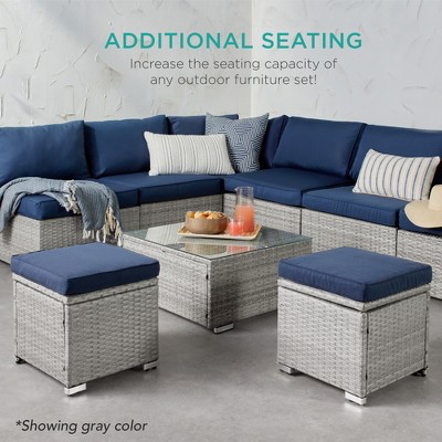 Brown Steel Frame Outdoor Wicker Ottomans with Beige Cushions