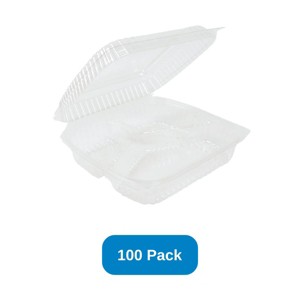 Inno-Pak 9" x 9" x 3" Clamshell Container 3-Compartment Clear RPET - Pack of 100 - 1 of 3