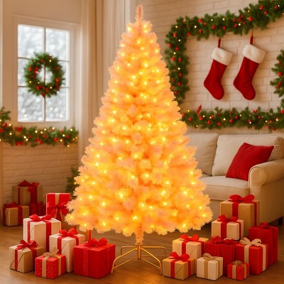 HOMDOX 6ft Pre-lit Flocked Artificial Christmas Tree, Pink Premium Hinged Artificial Pine Lighted Holiday Tree w/ 640 Dense Branch Tips, 250 Lights
