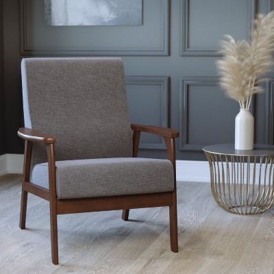 Gray Faux Linen Mid-Century Modern Accent Chair with Wooden Frame