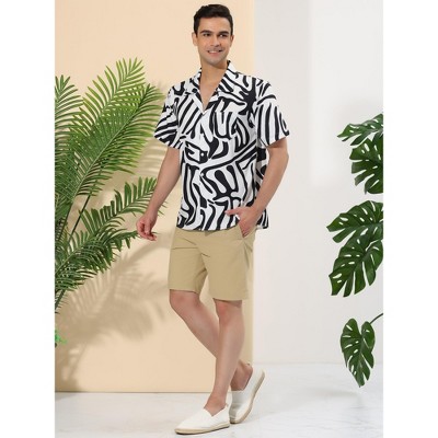 Lars Amadeus Men's Summer Striped Shirts Short Sleeves Button Down Beach Color Block Shirt Black