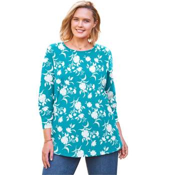 Woman Within Women's Plus Size Perfect Printed Long-Sleeve Crewneck Tee