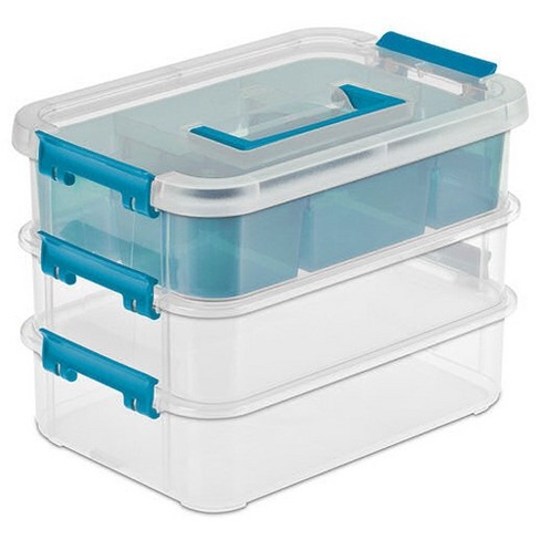 Sterilite Stack and Carry 3 Layer Handle Box and Tray, Plastic Small  Storage Container with Latch Lid, Organize Crafts, Clear with Blue Tray,  24-Pack