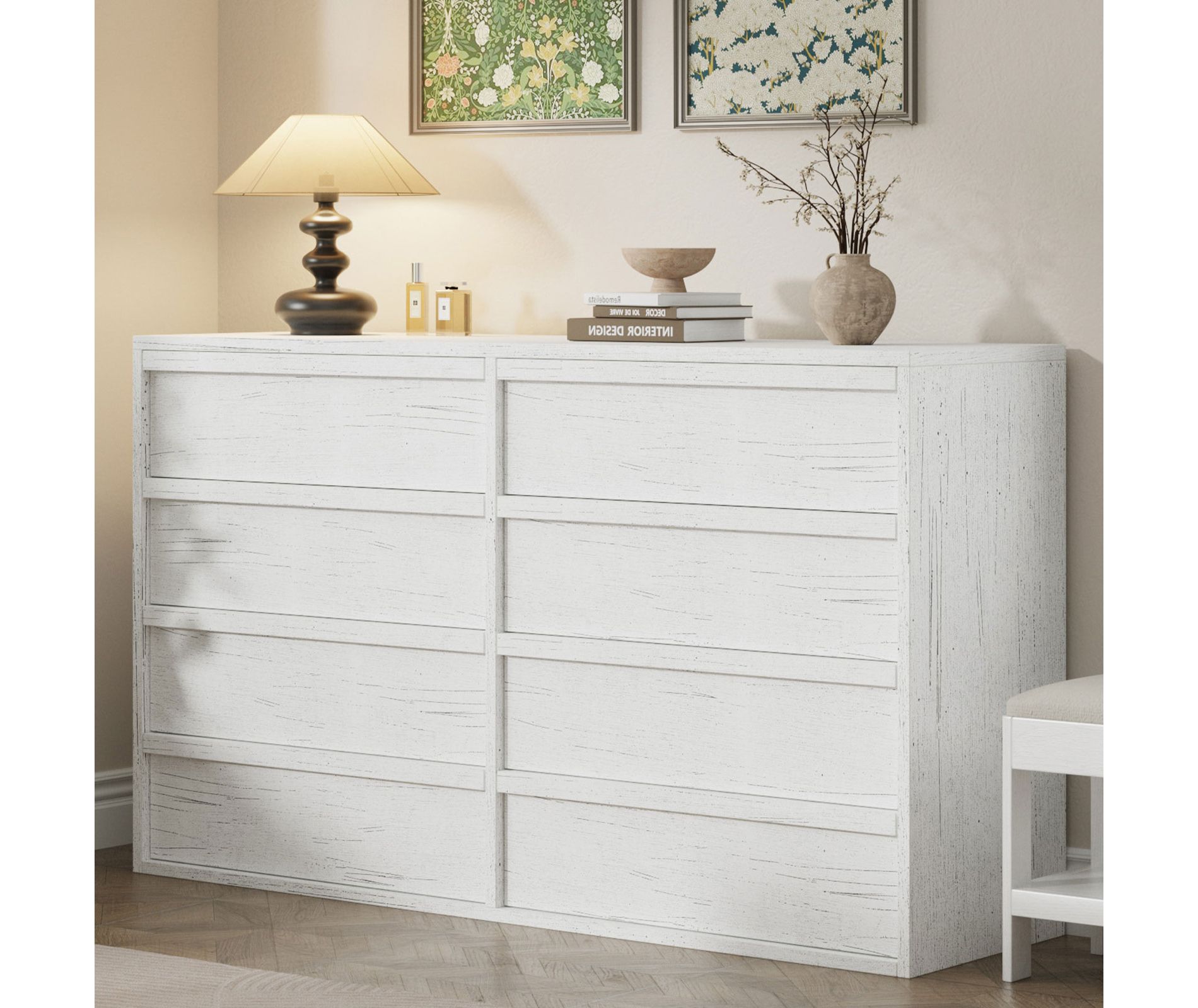 Garvee 54in Wide 8 Drawer Dresser for Bedroom, White Closet Storage Cabinet with Handle-free Design, Modern Chest of Drawer for Bedroom Living Room