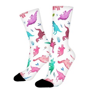 Multicolored Dinosaur Women Printed Crew Socks Funny Funky Socks Soft Polyester Novelty Gifts for Artists Men - 1 of 1