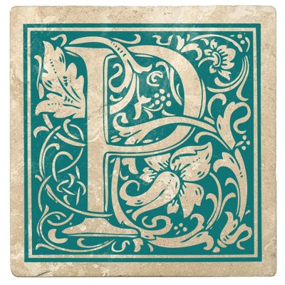 Christmas by Krebs Set of 4 Ivory and Teal Blue Alphabet "P" Square Monogram Coasters 4"