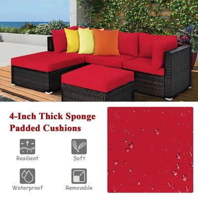 Red 5-Piece Outdoor Rattan Sectional Sofa Set with Ottomans