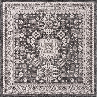 Charcoal Gray and Ivory 8 ft Square Outdoor Aztec Rug