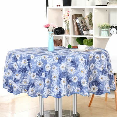 60" Dia Round Vinyl Water Oil Resistant Printed Tablecloths Blue Daisy - PiccoCasa