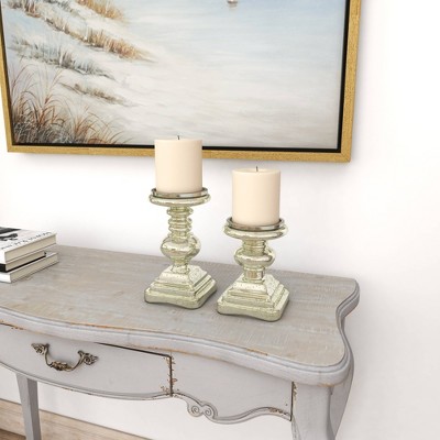 Elegant Silver Mercury Glass Pillar Candle Holder Set, 9" & 7"H