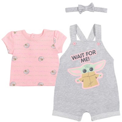 Star Wars The Child Newborn Baby Girls French Terry Snap Short Overalls T-Shirt and Headband 3 Piece Outfit Set Light Gray 6-9 Months