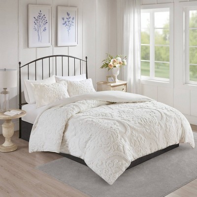 White Tufted Cotton Chenille Damask King Duvet Set