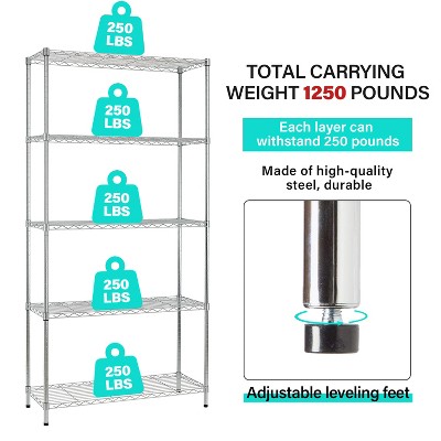 Chrome 5-Tier Adjustable Steel Wire Shelving Unit for Kitchen and Garage