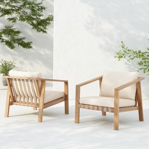 Christopher Knight Home Fraser Patio Slat Design Acacia Wood Club Chair with Cushion, Beige/Light Teak - 1 of 4