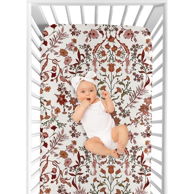 Ivory and Rust Orange Floral Toddler Crib Sheet Set