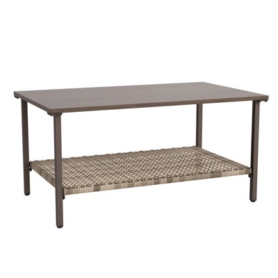 EAGLE PEAK Coastal Vista Outdoor Table，Wood Grain Top, Wicker Shelf for Garden, Patio, Poolside and Porch, Rectangular
