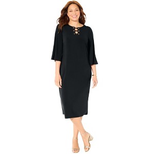 Catherines Women's Plus Size Bell-Sleeve Lace-Up Shift Dress - 1 of 4