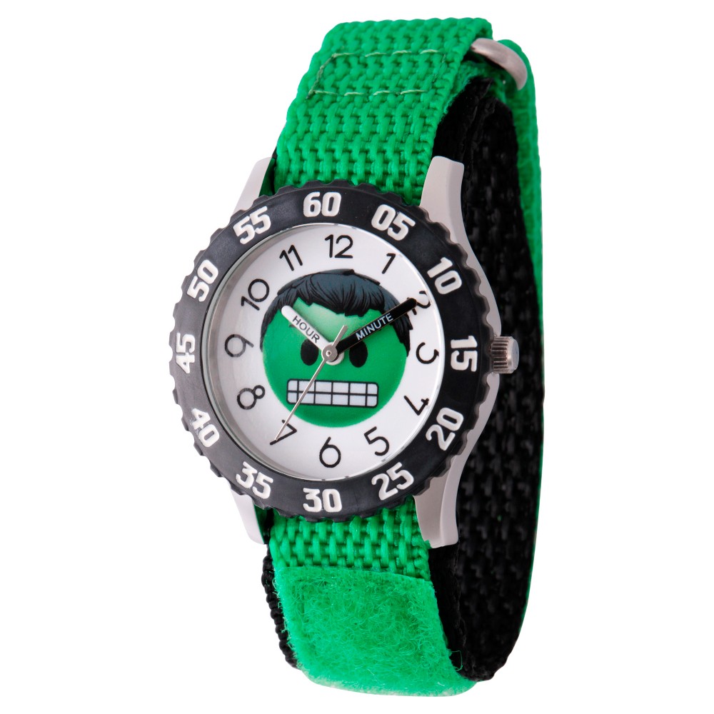 Photos - Wrist Watch MARVEL Boys'  Emoji Hulk Stainless Steel Time Teacher Watch - Green nickel 