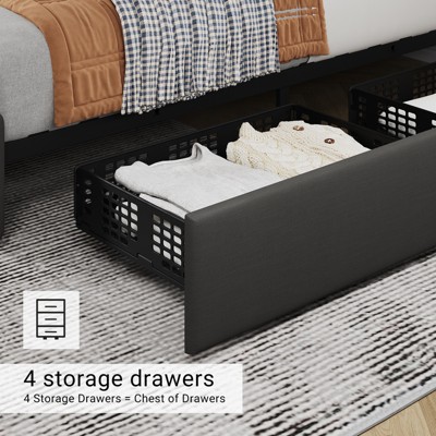 Upholstered Queen Platform Bed Frame with 4 Storage Drawers, PU Leather with Button Tufted, Wooden Slats Support, No Box Spring Needed, Noise-Free