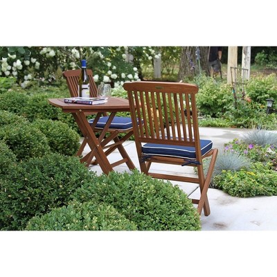 Eucalyptus Wood 3-Piece Foldable Bistro Set with Blue Cushions