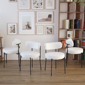 Kumasinova Mid-Century Upholstered Dining Chairs, White Teddy Kitchen Chairs with Curved Backrest, Black Metal Legs, Round Thickened Cushions - 1 of 4