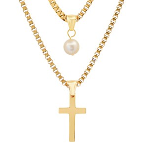Steeltime 24" and 30" Men's stainless steel double row box chain with freshwater pearl and cross pendants. Color Options: Silver, Gold - 1 of 3