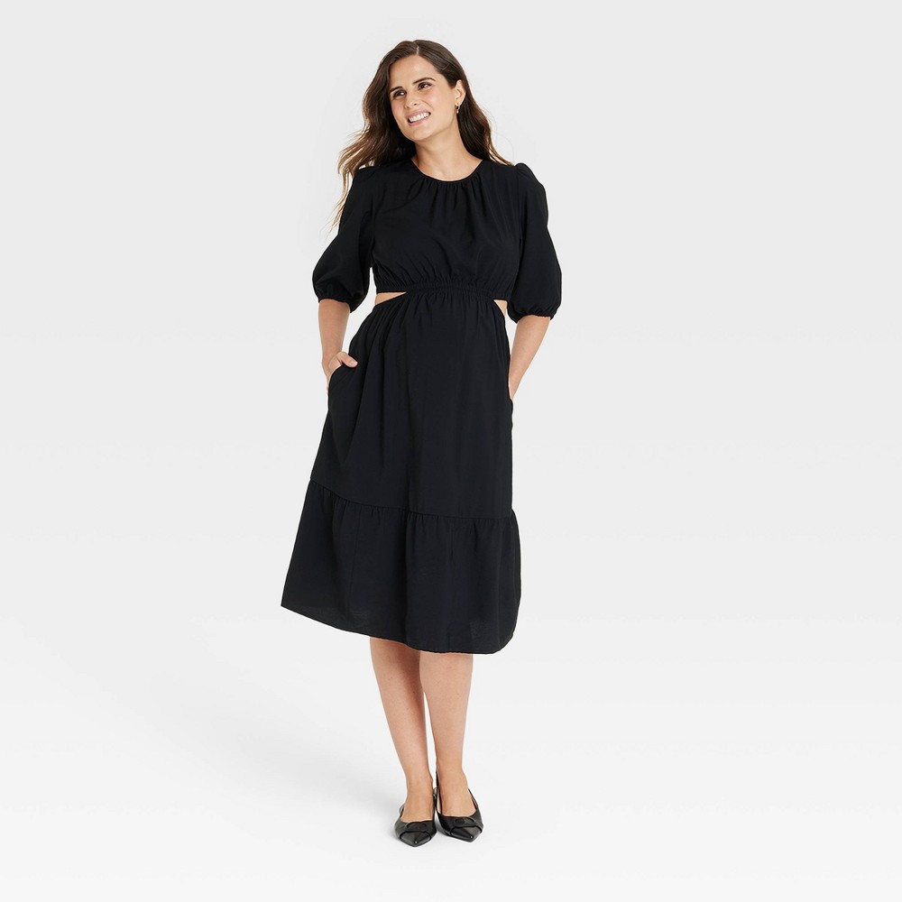 Elbow Sleeve Cut Out Woven Midi Maternity Dress