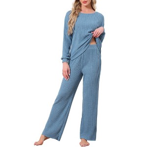 INSPIRE CHIC Womens Ribbed Knit Fuzzy Pajamas Long Sleeve Top and Pants Outfits Lounge Sets - 1 of 4
