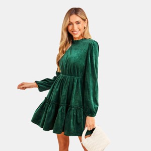 Festive Velvet Tiered Mini Dress - Burgundy/Emerald Green - Cupshe - 1 of 4