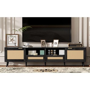 PAGED Rattan TV Stand with Variable Color Light Strip, Wooden TV Console with Adjustable Shelf and Metal Leg, TV Stands for Living Room - 1 of 4