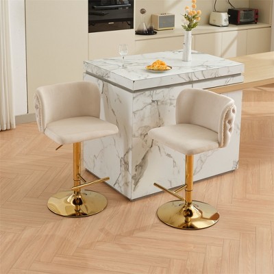 Set of 2 Swivel Barstools, Adjustable Seat Height with Metal Base, Classic Velvet Upholstered Bar Stools with Tufted Back for Home Pub Kitchen Island