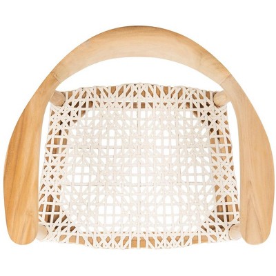 Curved Natural Teak & Woven White Leather Counter Stool