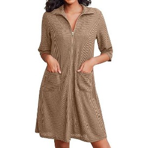 Ekouaer Zipper Robes for Women Waffle Knit Bathrobes Short Lightweight Knee Length Loungewear with Pockets - 1 of 4